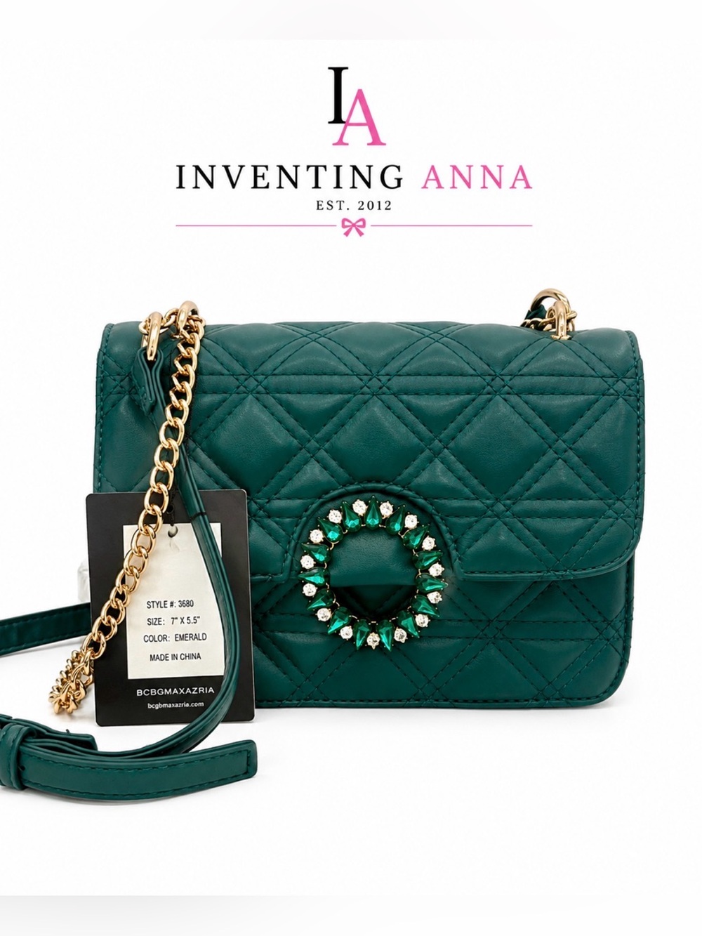 Green Quilted Crossbody Bag with Gold Chain and Rhinestone Accented Closure